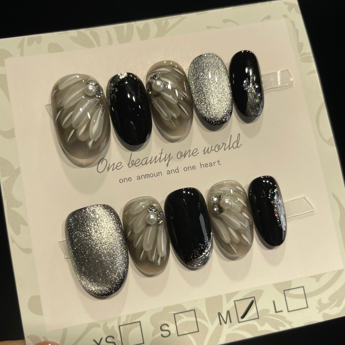 Handmade Press On Nails Short Oval Black Feather