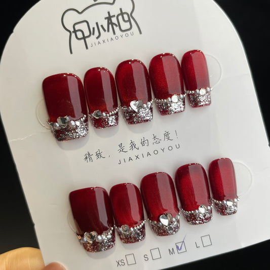 Handmade Press On Nails Medium Coffin Luxe French-JiaXY