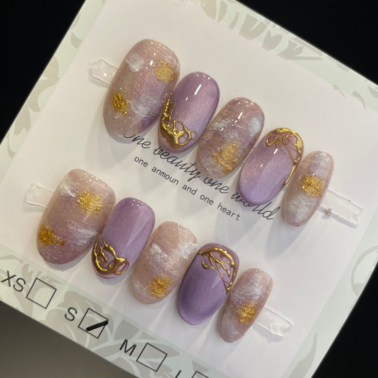 Handmade Press On Nails Short Oval Purple gold Cloud