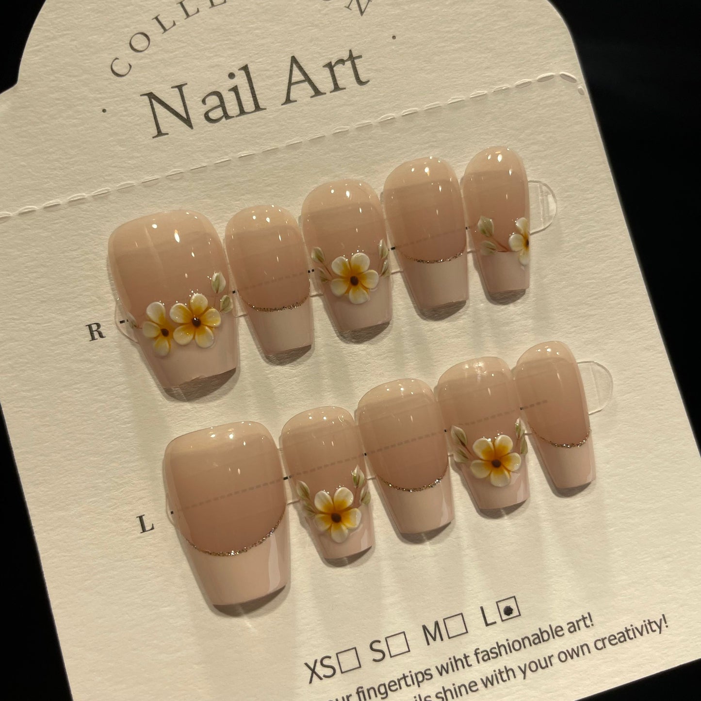 Handmade Press On Nails Medium Coffin Gentle French daisies