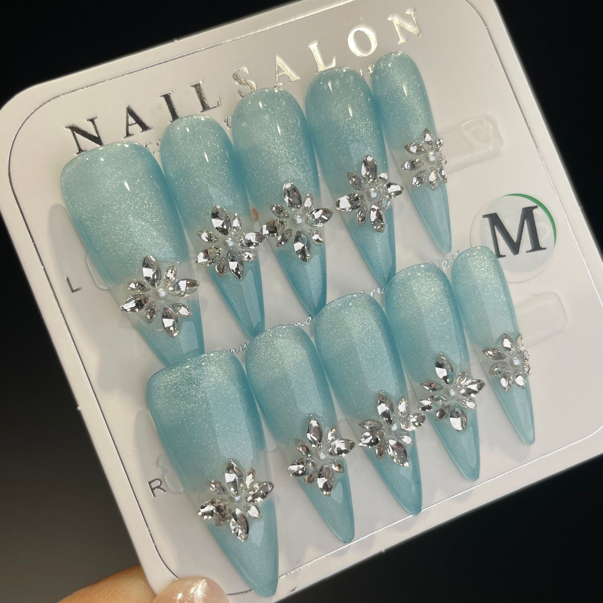 Handmade Press On Nails Long Stiletto Ice Flower
