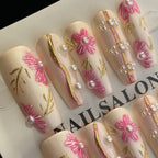Handmade Press On Nails Long Coffin Pink gold flower-YiH