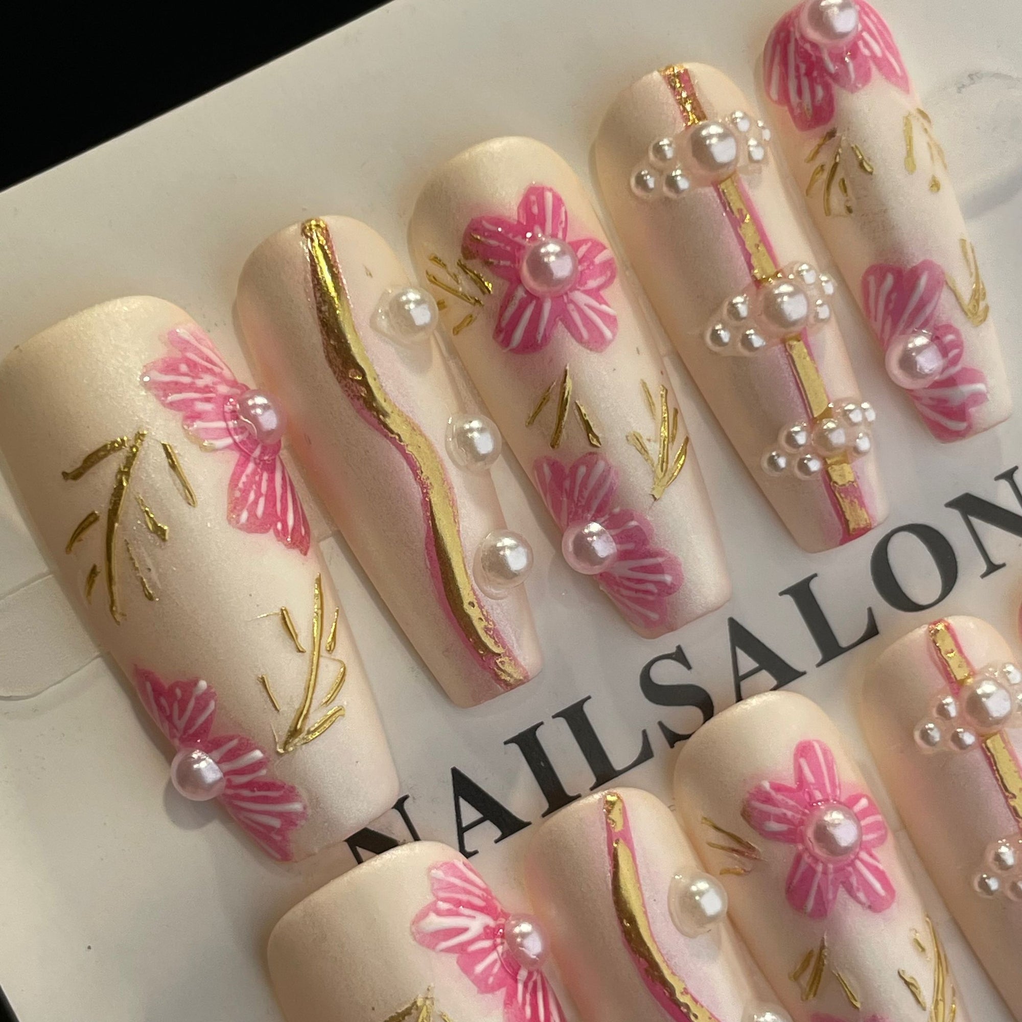Handmade Press On Nails Long Coffin Pink gold flower-YiH