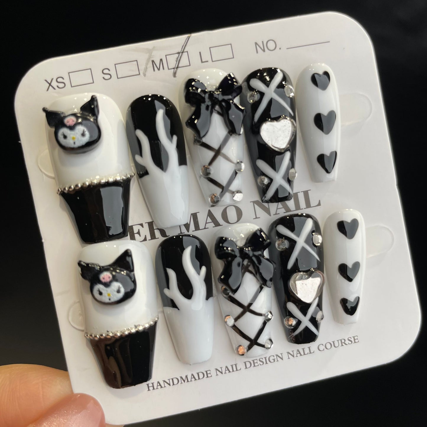 Handmade Press On Nails Long Coffin Black and white cool Kulomi