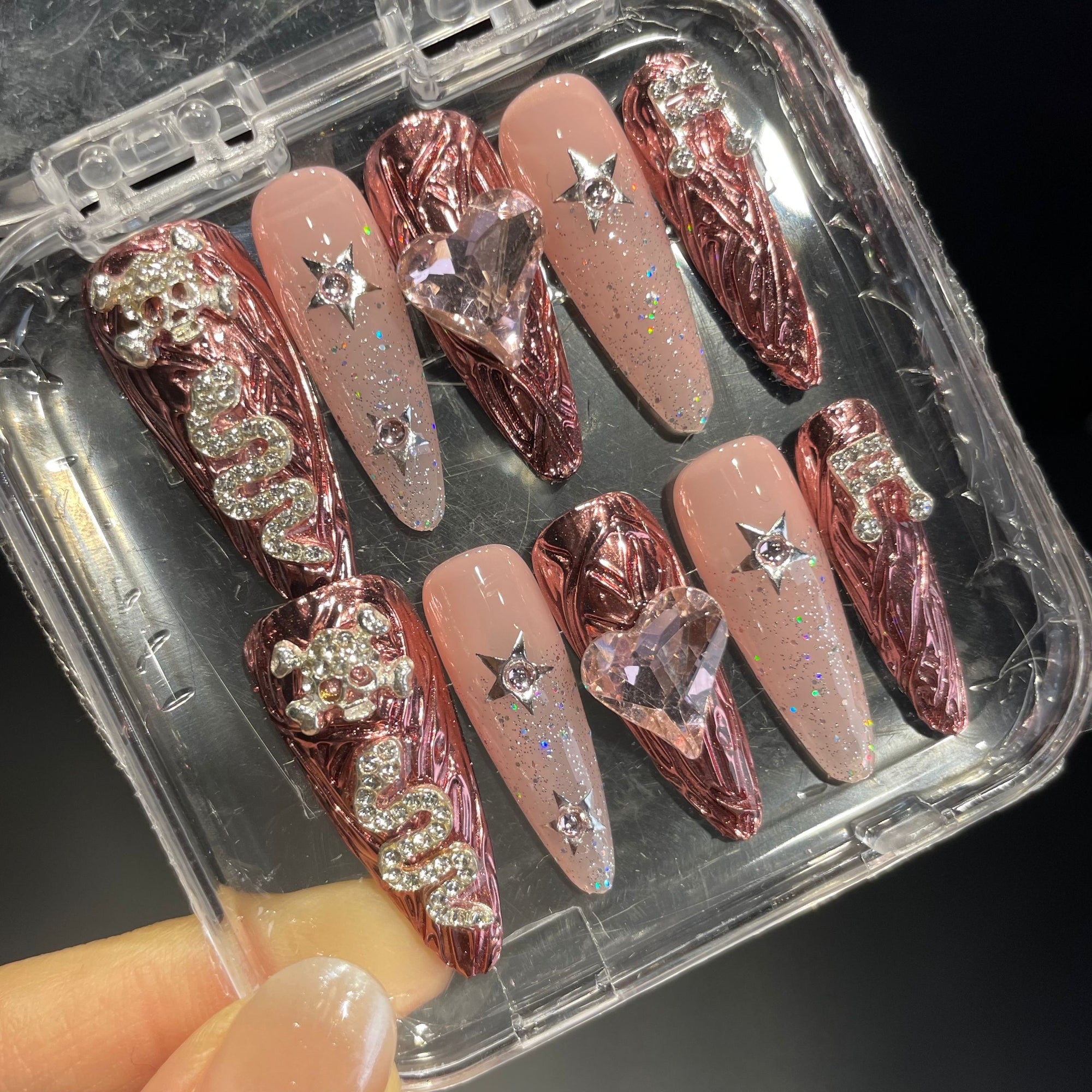 Handmade Press On Nails Long Stiletto Pink heart skull