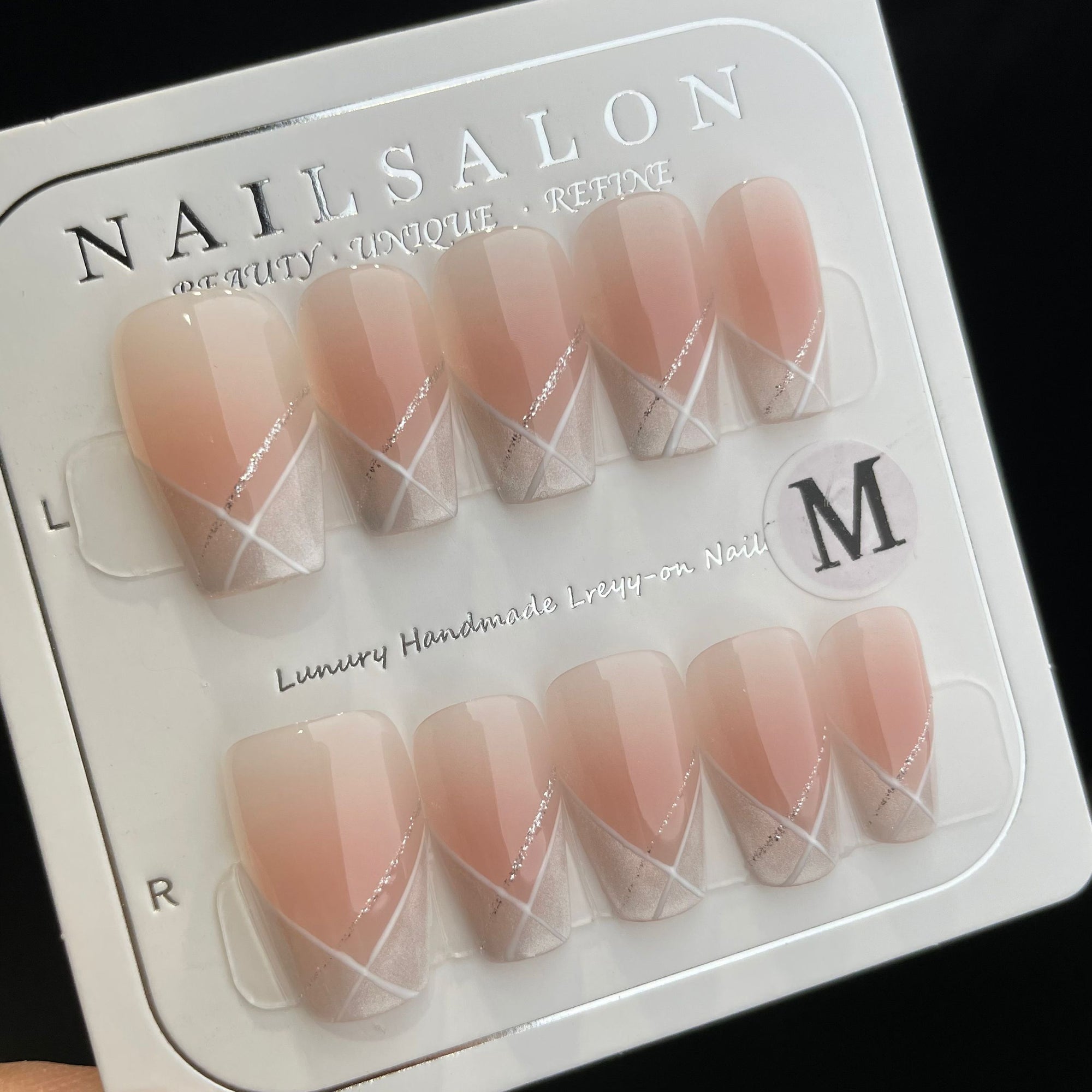 Handmade Press On Nails Medium Coffin Line cat-eye French-YiH