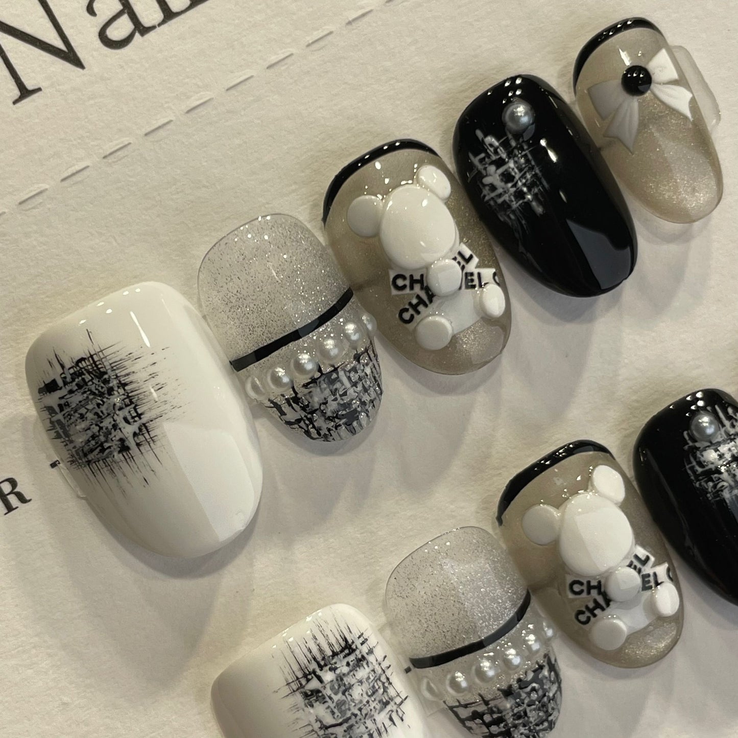 Handmade Press On Nails Short Oval Black and white bear