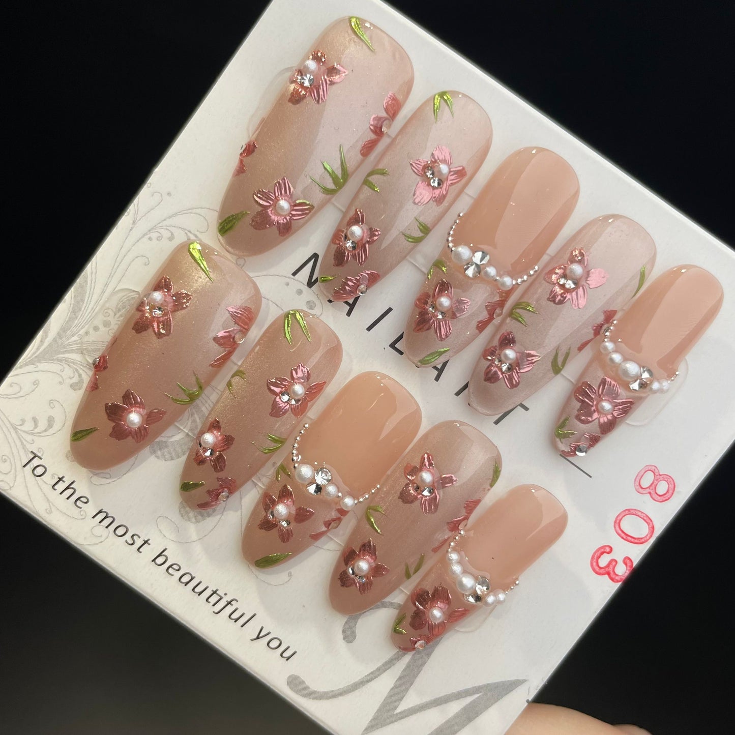 Handmade Press On Nails Long Oval Blossoms-DaiRS