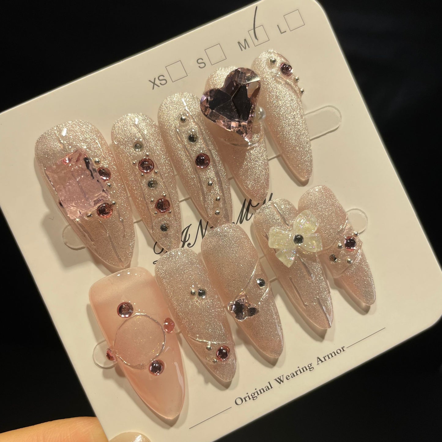 Handmade Press On Nails Long Almond Pink stone