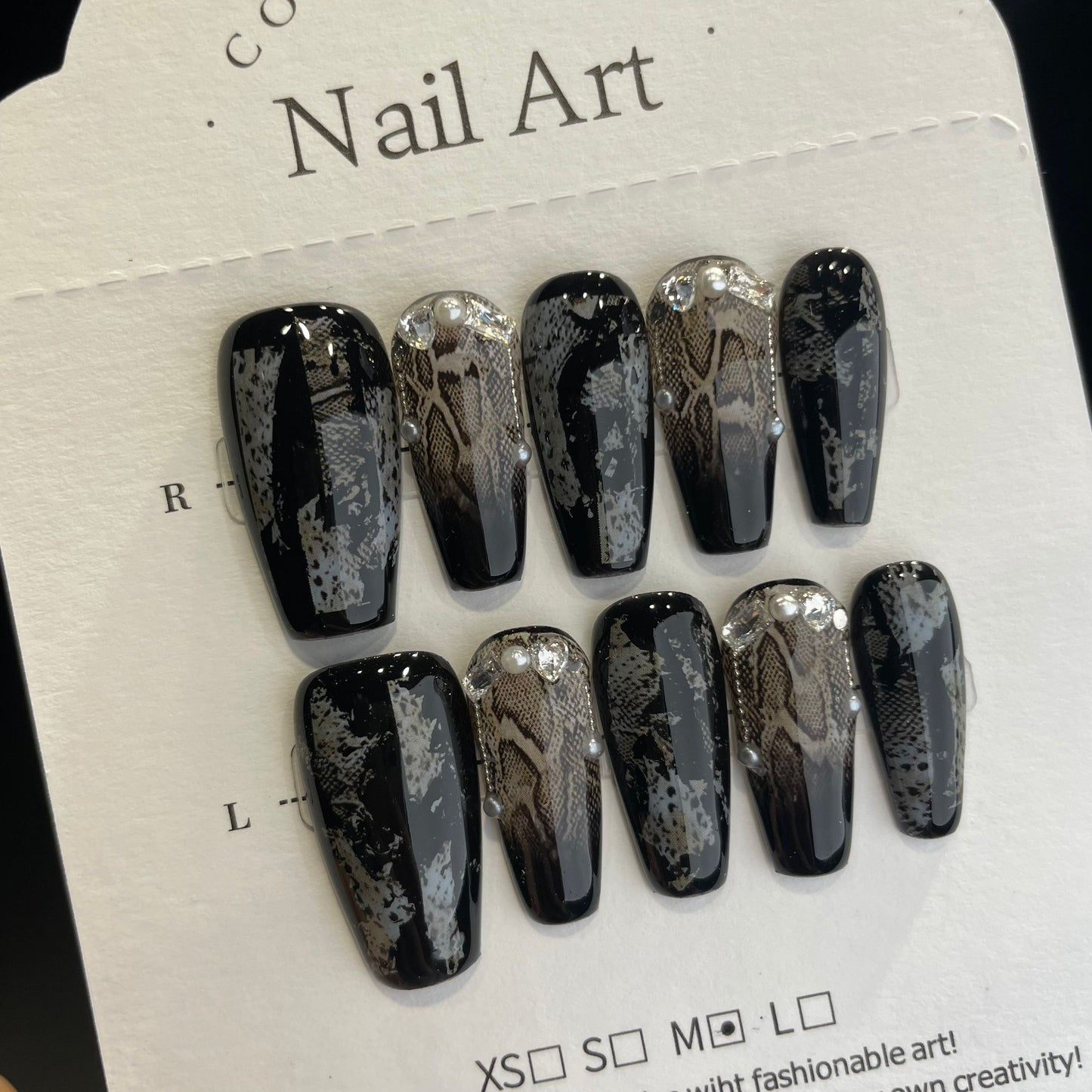 Handmade Press On Nails Long Coffin Black snake scale