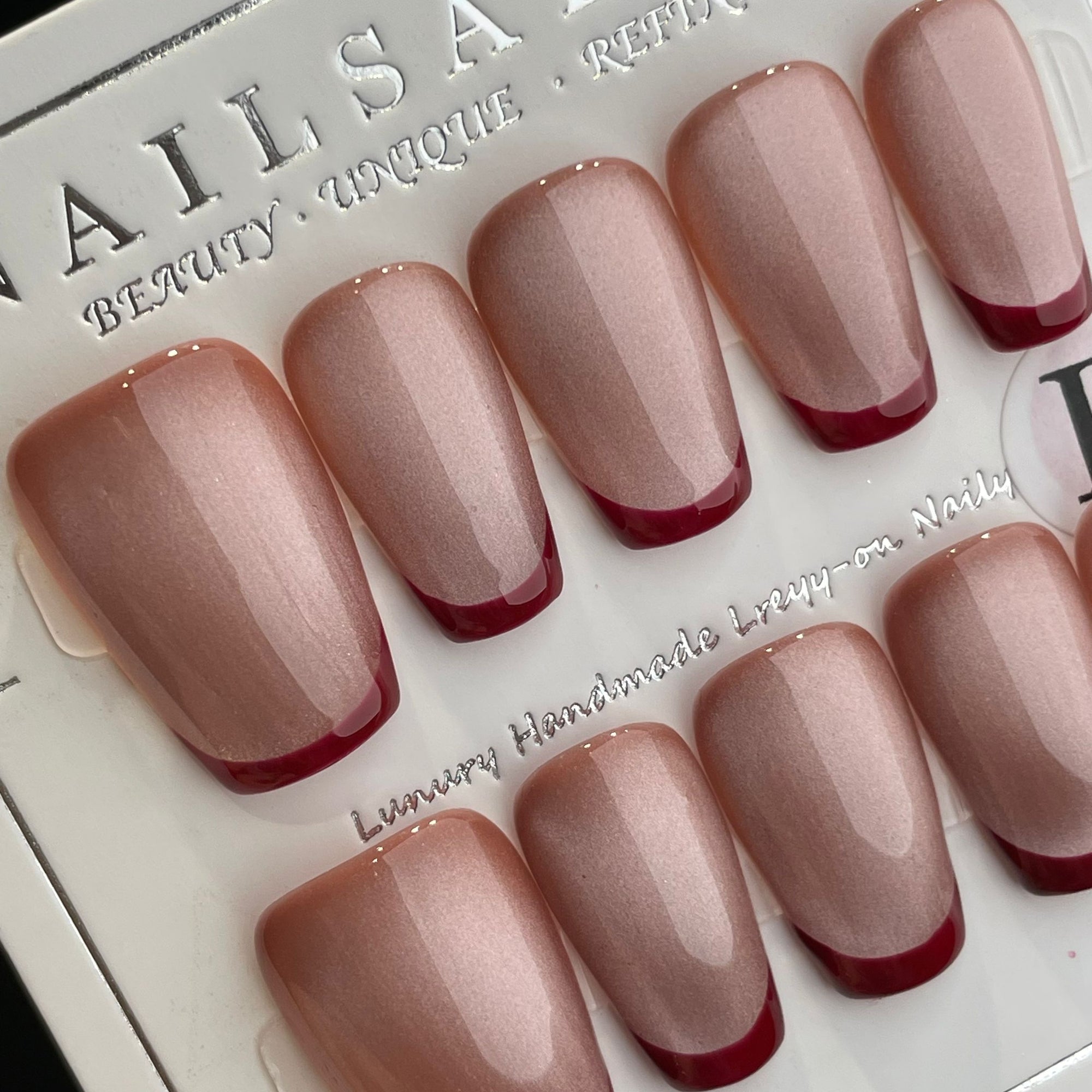 Handmade Press On Nails Medium Coffin Red French cat eyes-YiH