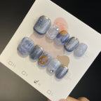 Handmade Press On Nails Short Square Sapphire cat eye