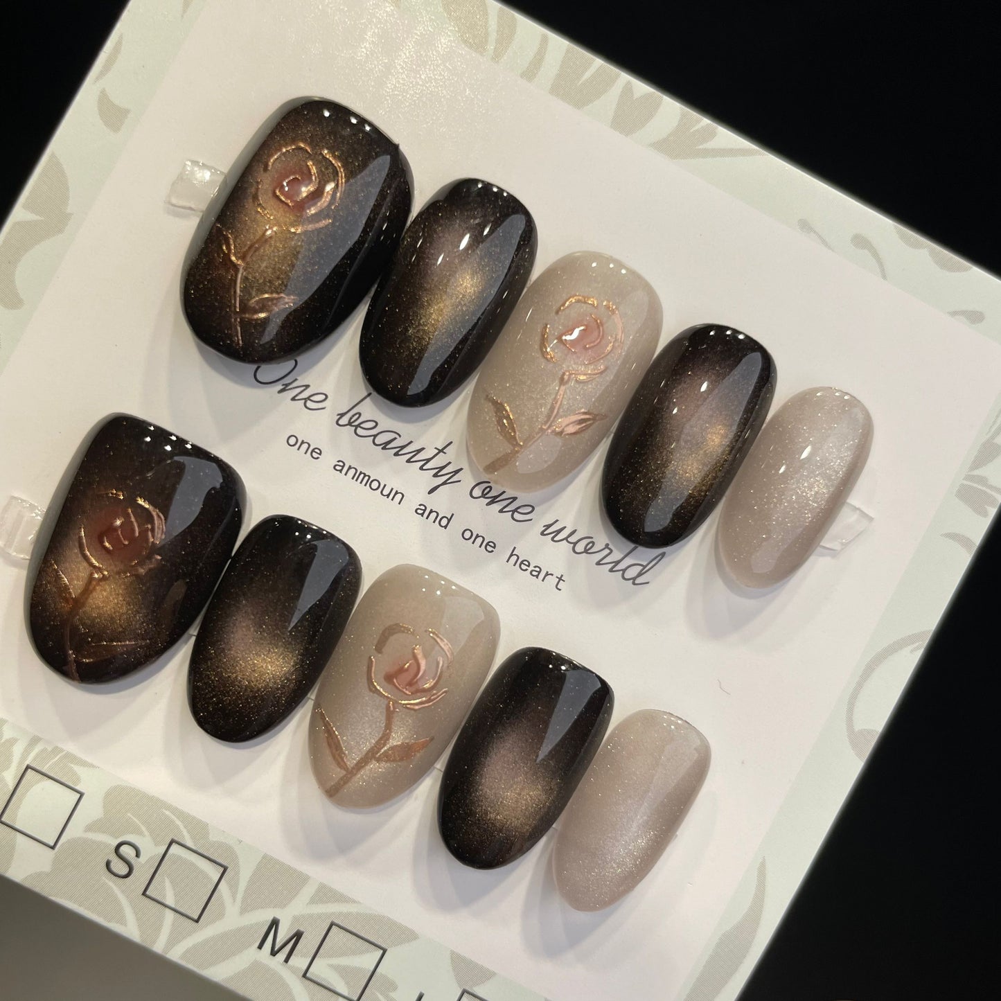 Handmade Press On Nails Short Oval Black gold rose