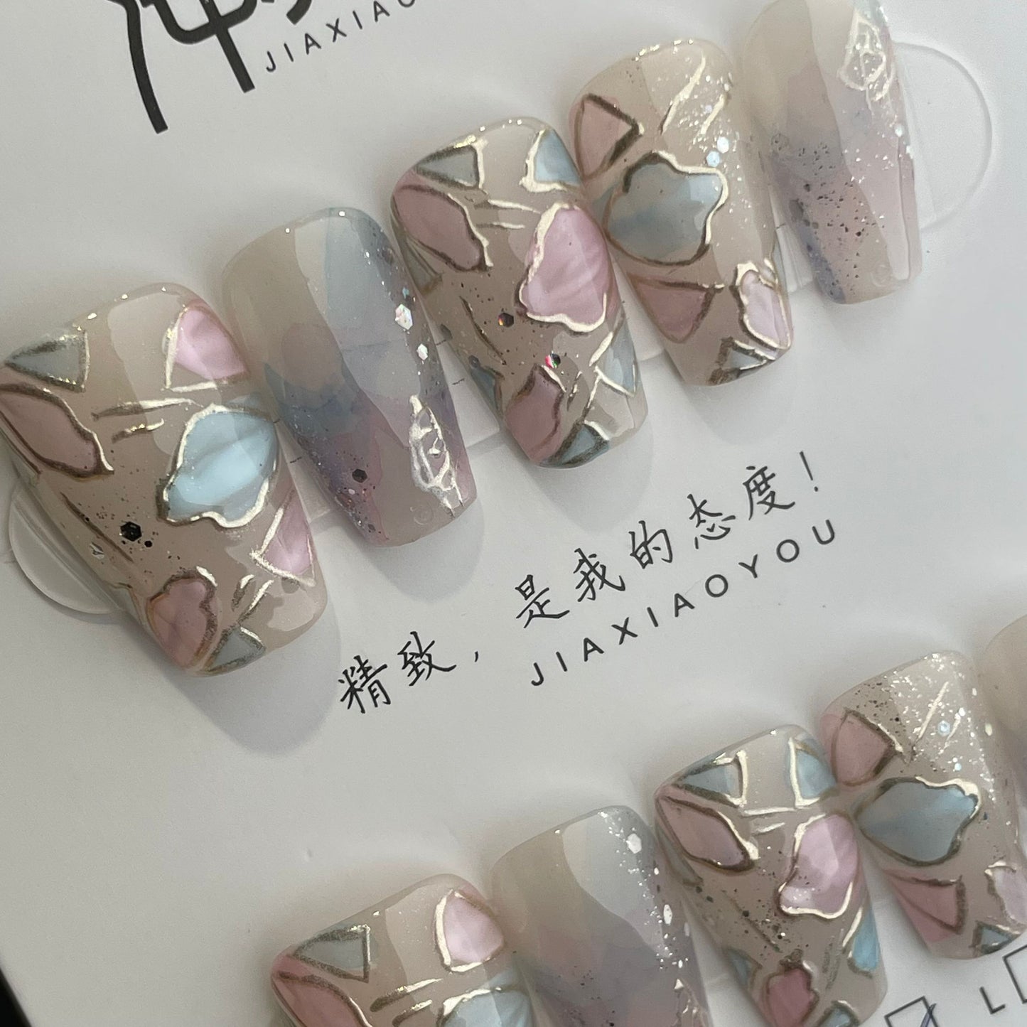 Handmade Press On Nails Medium Coffin Pink blue petal-JiaXY