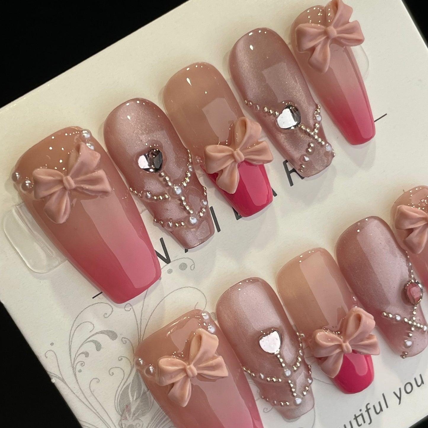 Handmade Press On Nails Long Coffin Pink cat eye bow-DaiRS