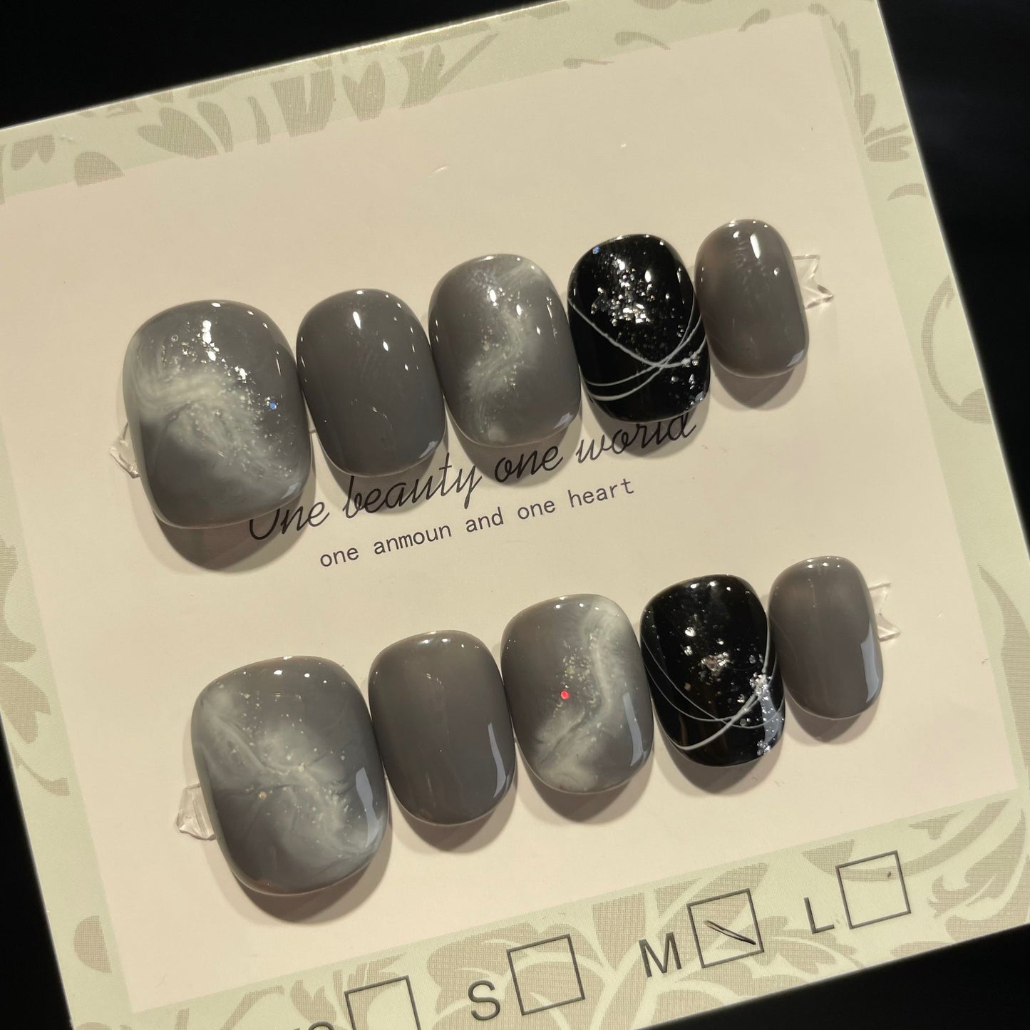 Handmade Press On Nails Short Square Gray nebula