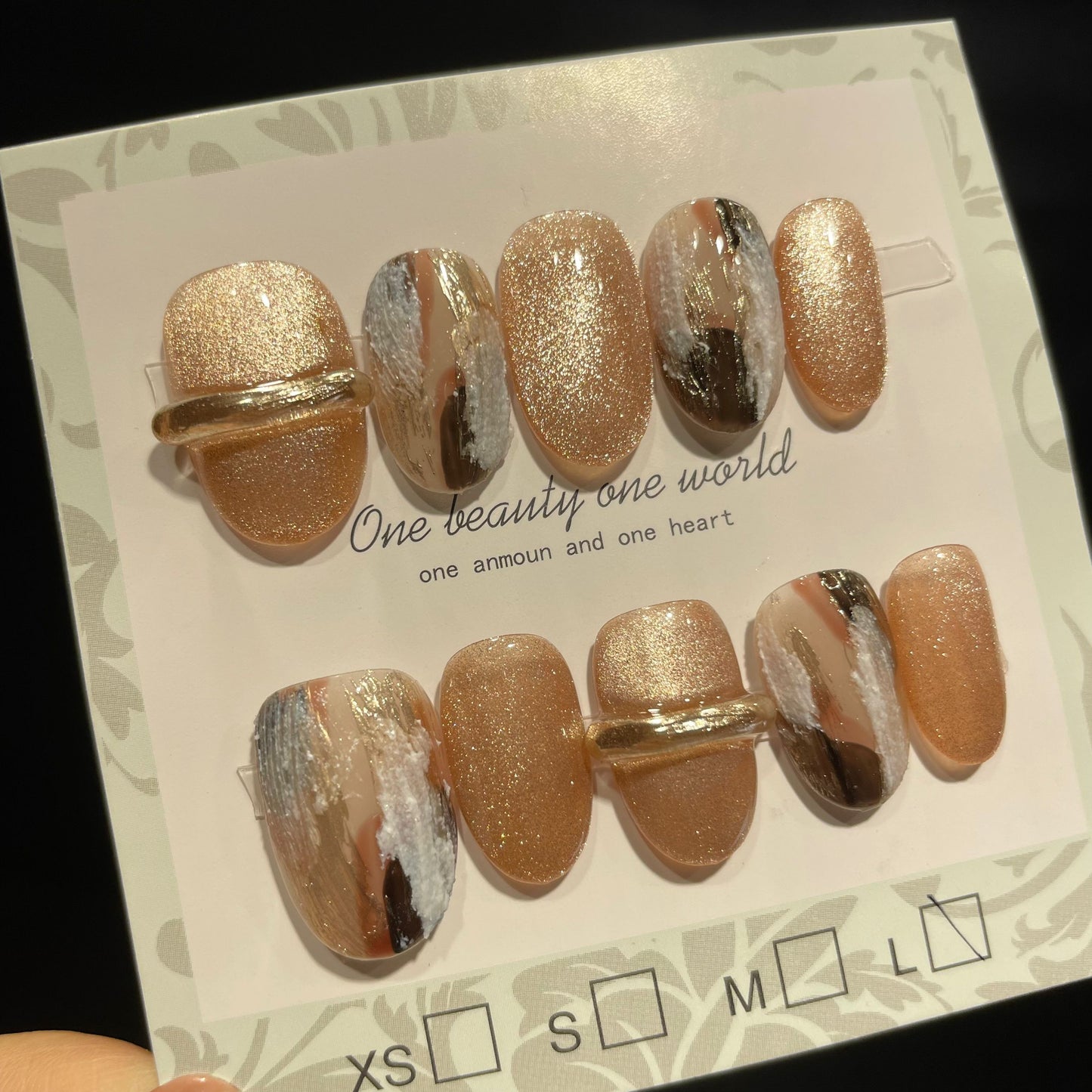 Handmade Press On Nails Short Oval Golden marble