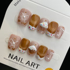 Handmade Press On Nails Short Coffin Cat's eye chestnut cake-YiH