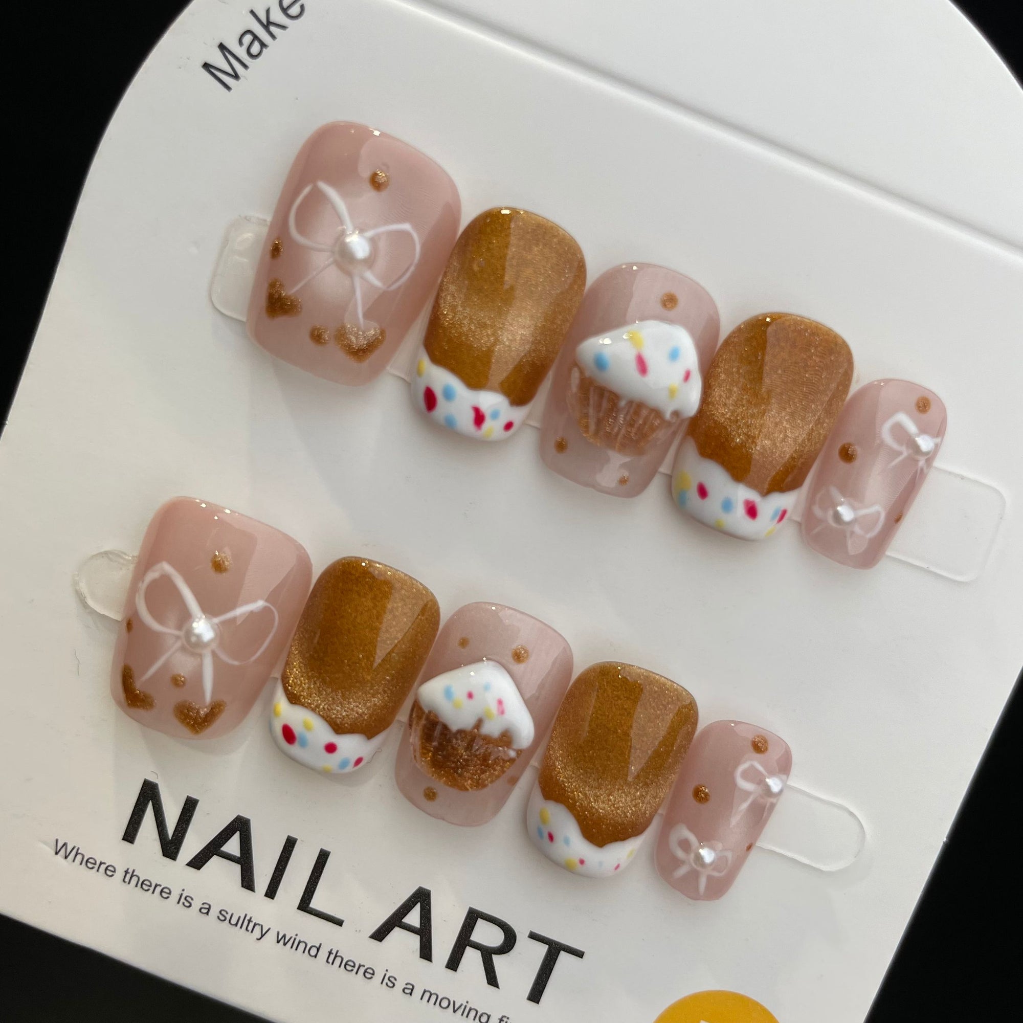 Handmade Press On Nails Short Coffin Cat's eye chestnut cake-YiH