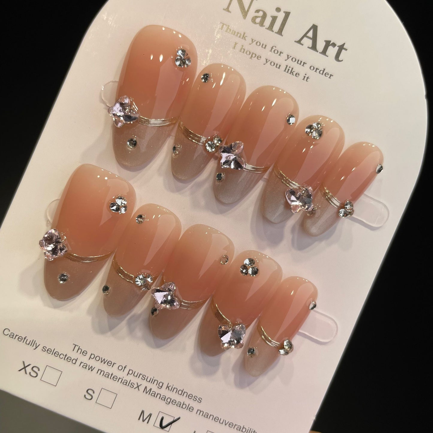 Handmade Press On Nails Long Almond French diamond