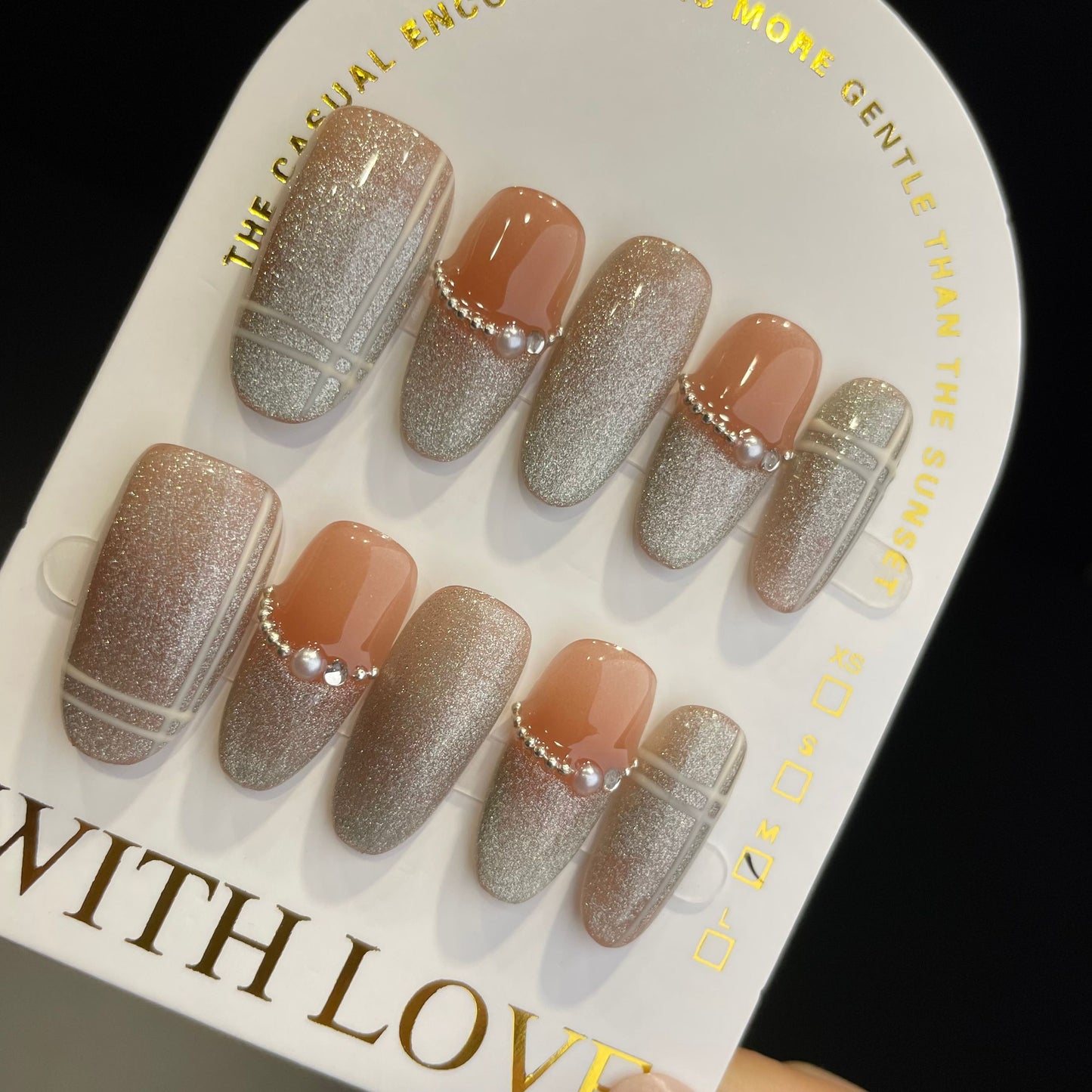 Handmade Press On Nails Long Almond Bright silver