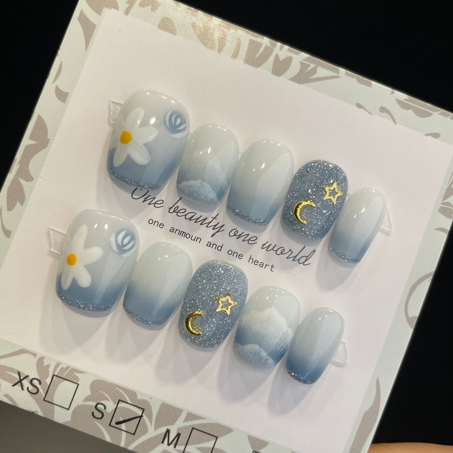 Handmade Press On Nails Short Square Blue sky and white clouds