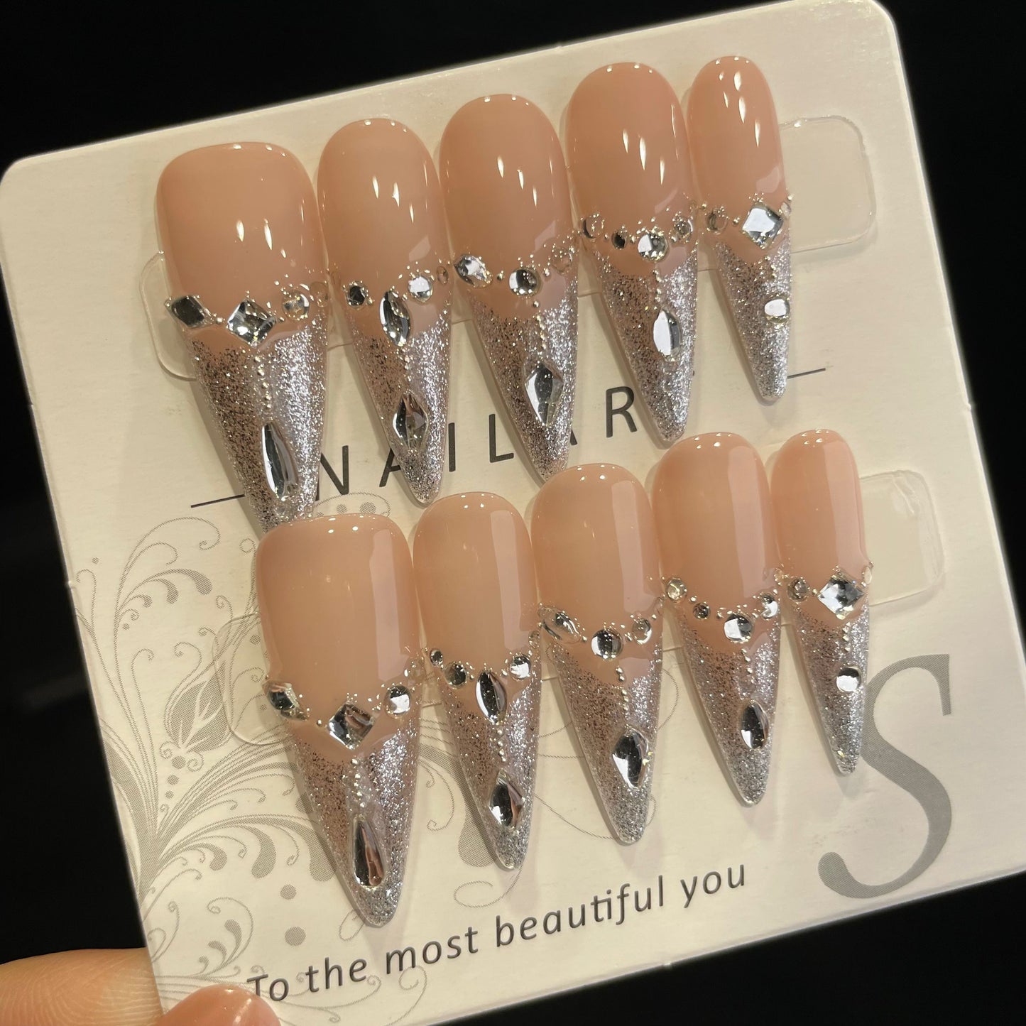 Handmade Press On Nails Long Stiletto French fancy diamond-DaiRS