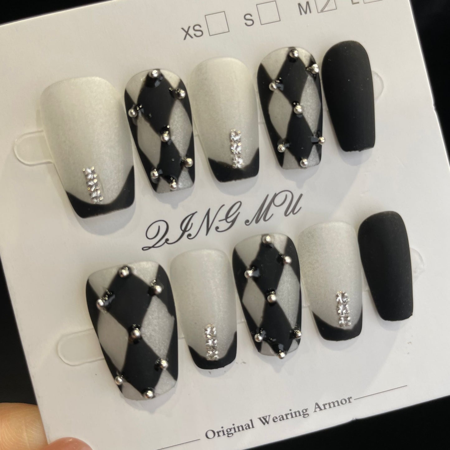 Handmade Press On Nails Medium Coffin Black and white diamond check French