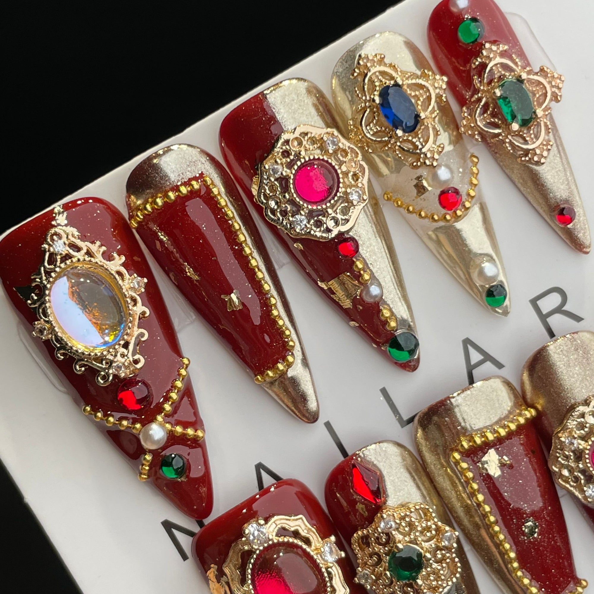Handmade Press On Nails Long Stiletto Red gorgeous colored gems-YiH