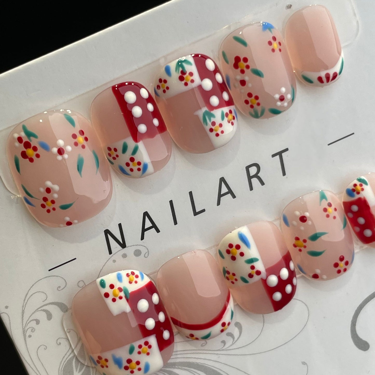 Handmade Press On Nails Short Square Red and white check-DaiRS