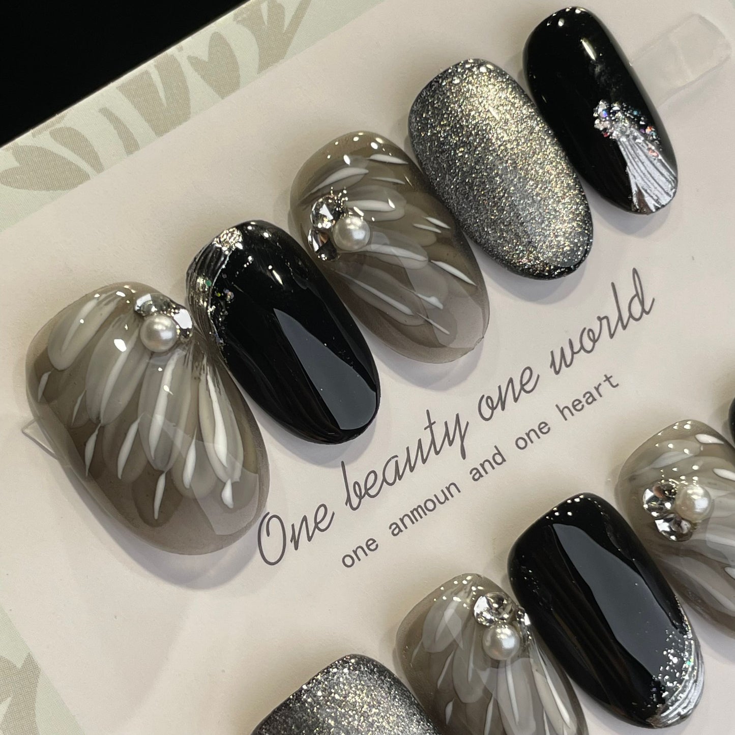 Handmade Press On Nails Short Oval Black Feather