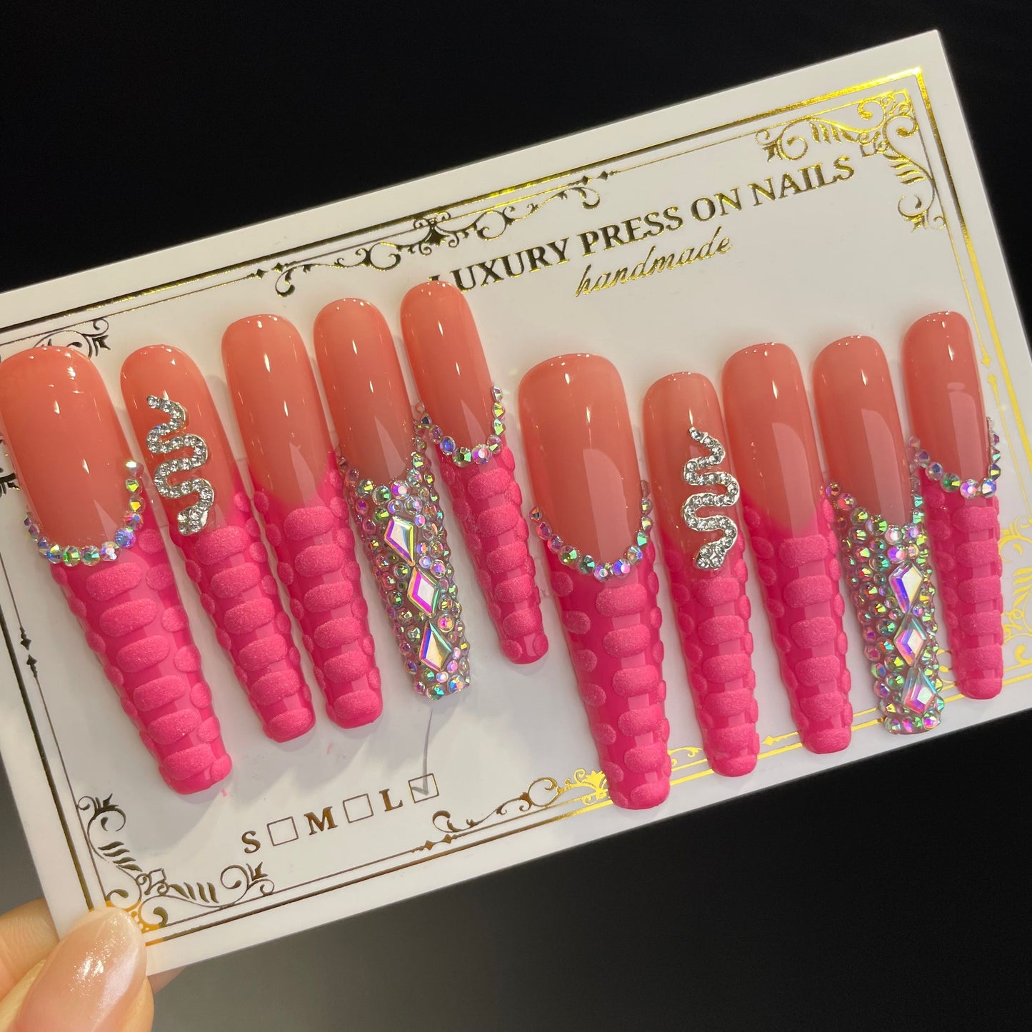 Handmade Press On Nails Extra-Long Coffin Rose pink snake