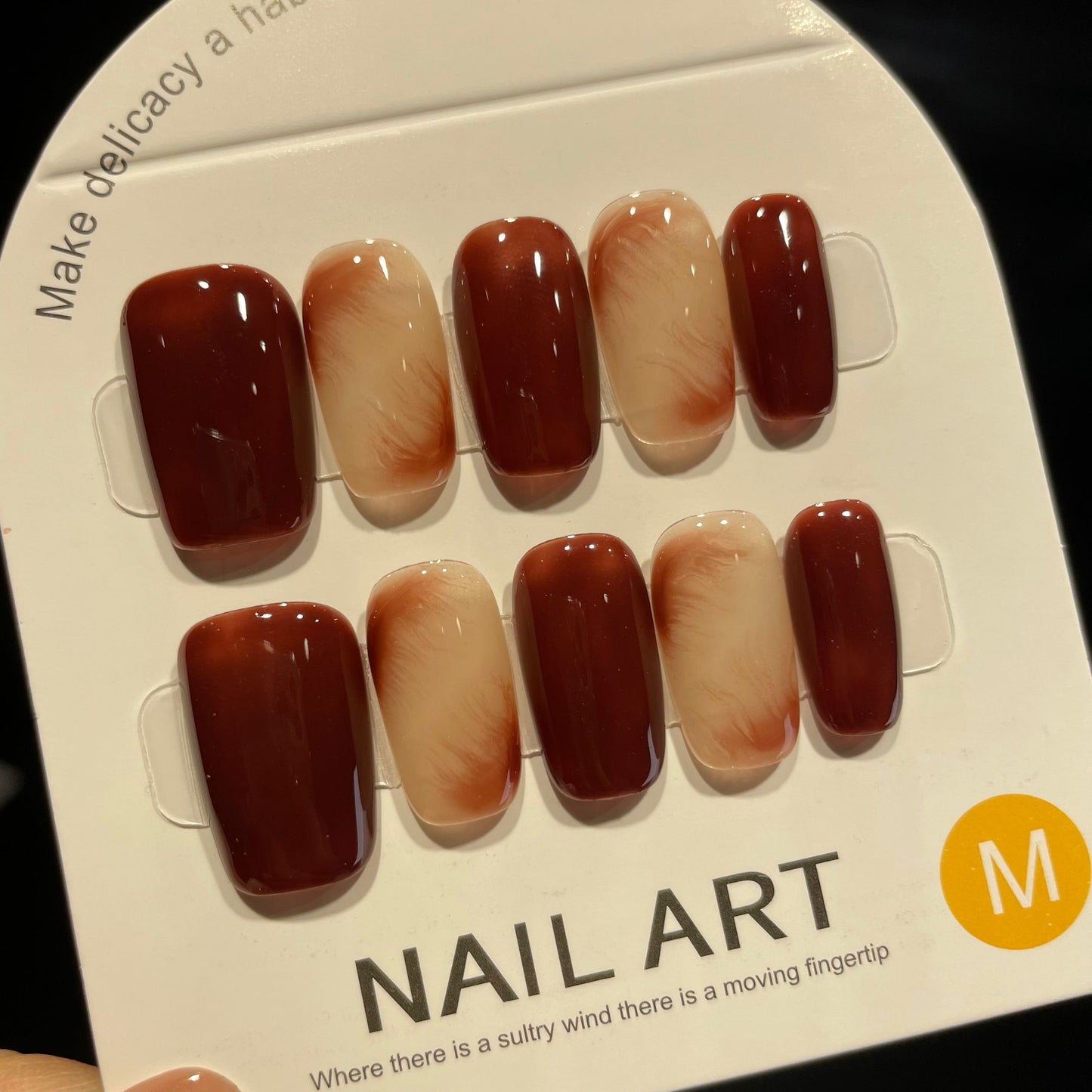 Handmade Press On Nails Medium Coffin Red marble