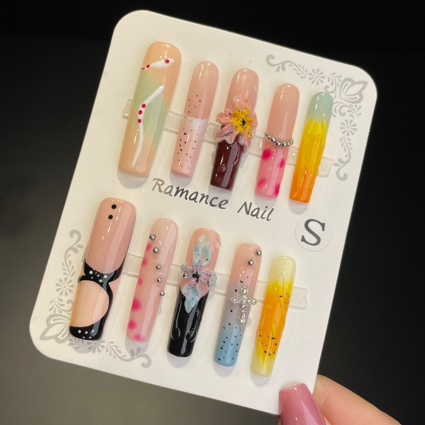 Handmade Press On Nails Extra-Long Ice water lilies