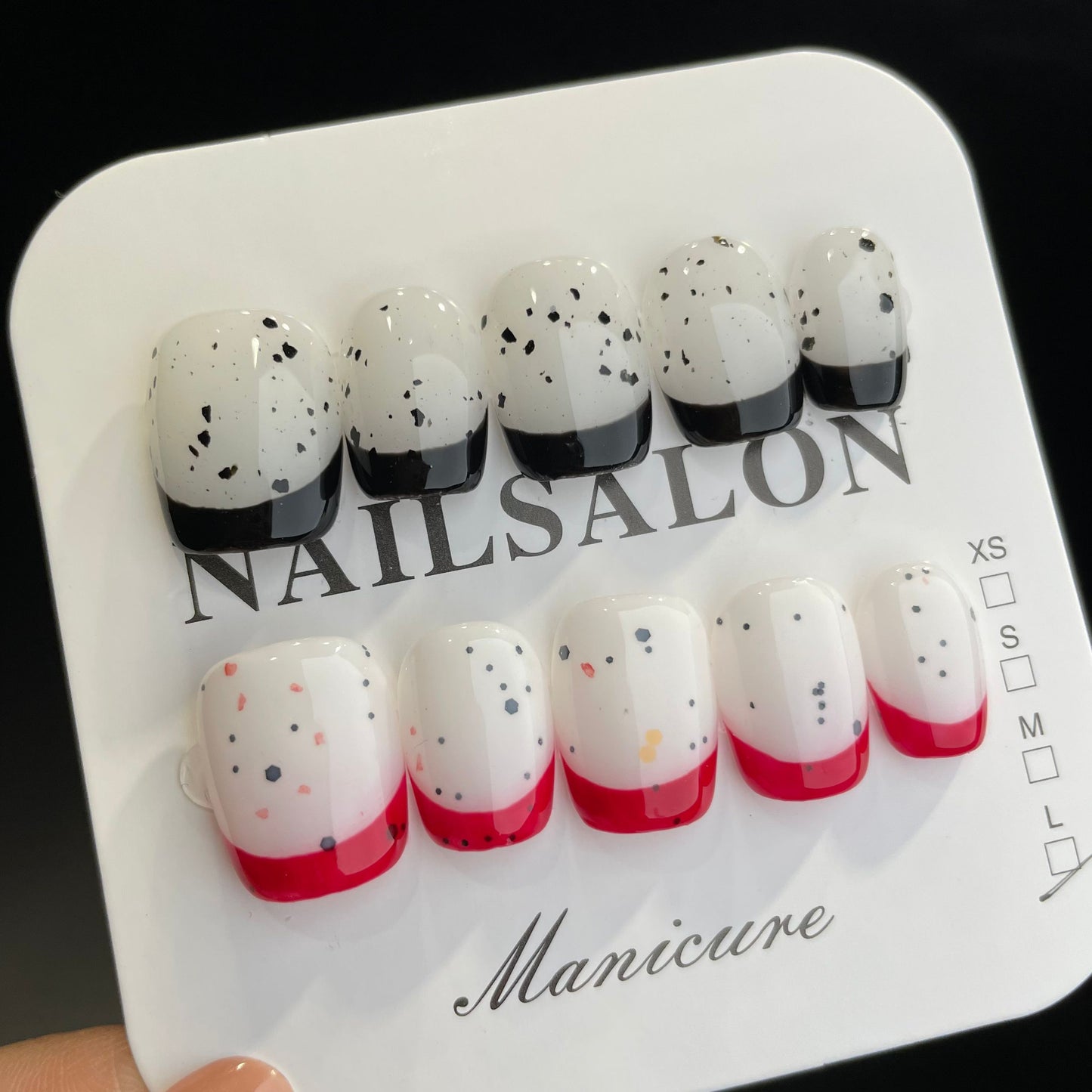 Handmade Press On Nails Short Square Black and red spots