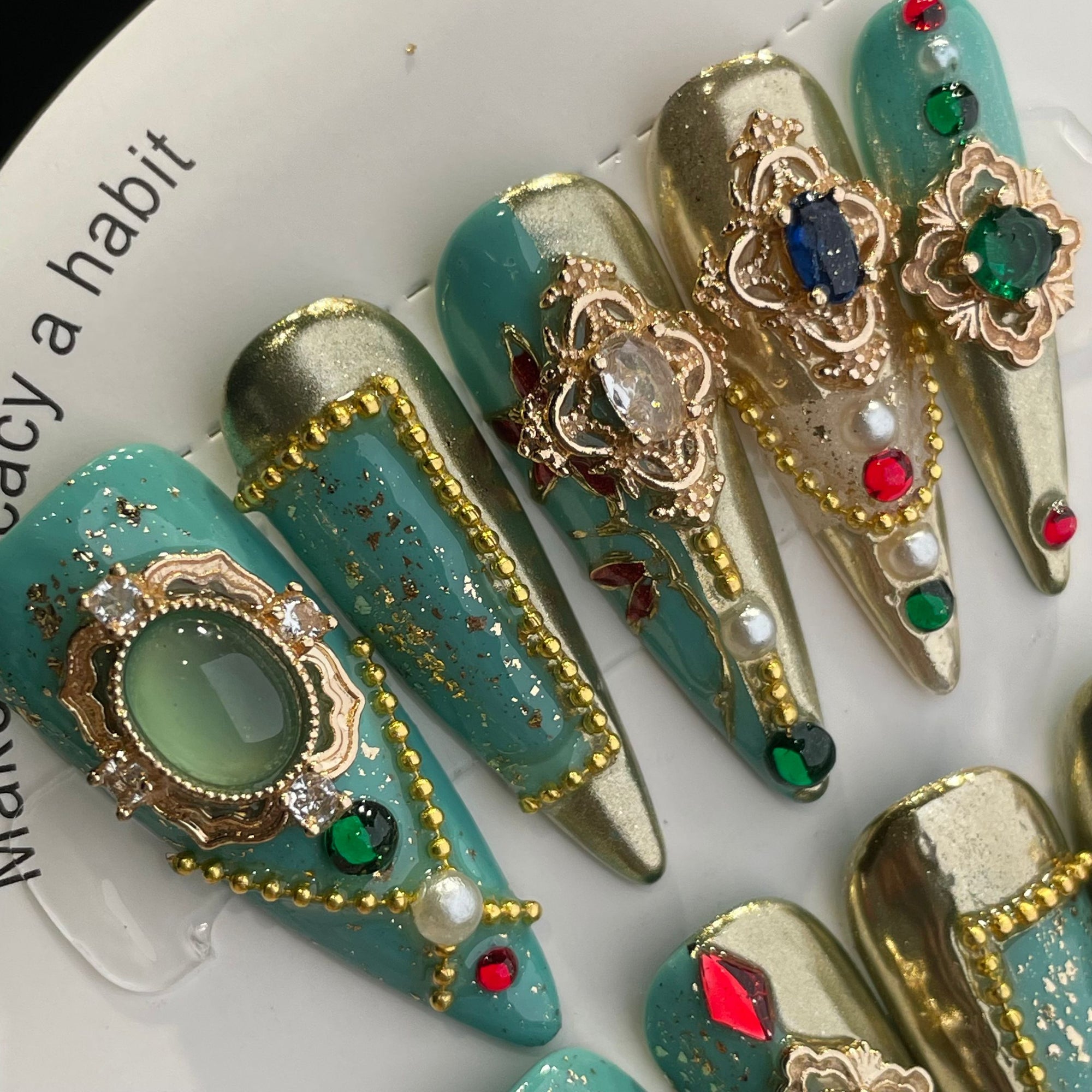 Handmade Press On Nails Long Stiletto bluish green gorgeous colored gems-YiH
