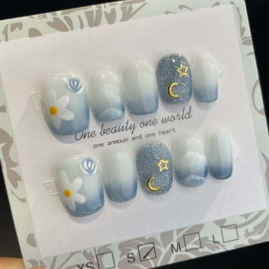 Handmade Press On Nails Short Square Blue sky and white clouds