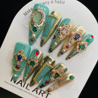 Handmade Press On Nails Long Stiletto bluish green gorgeous colored gems-YiH