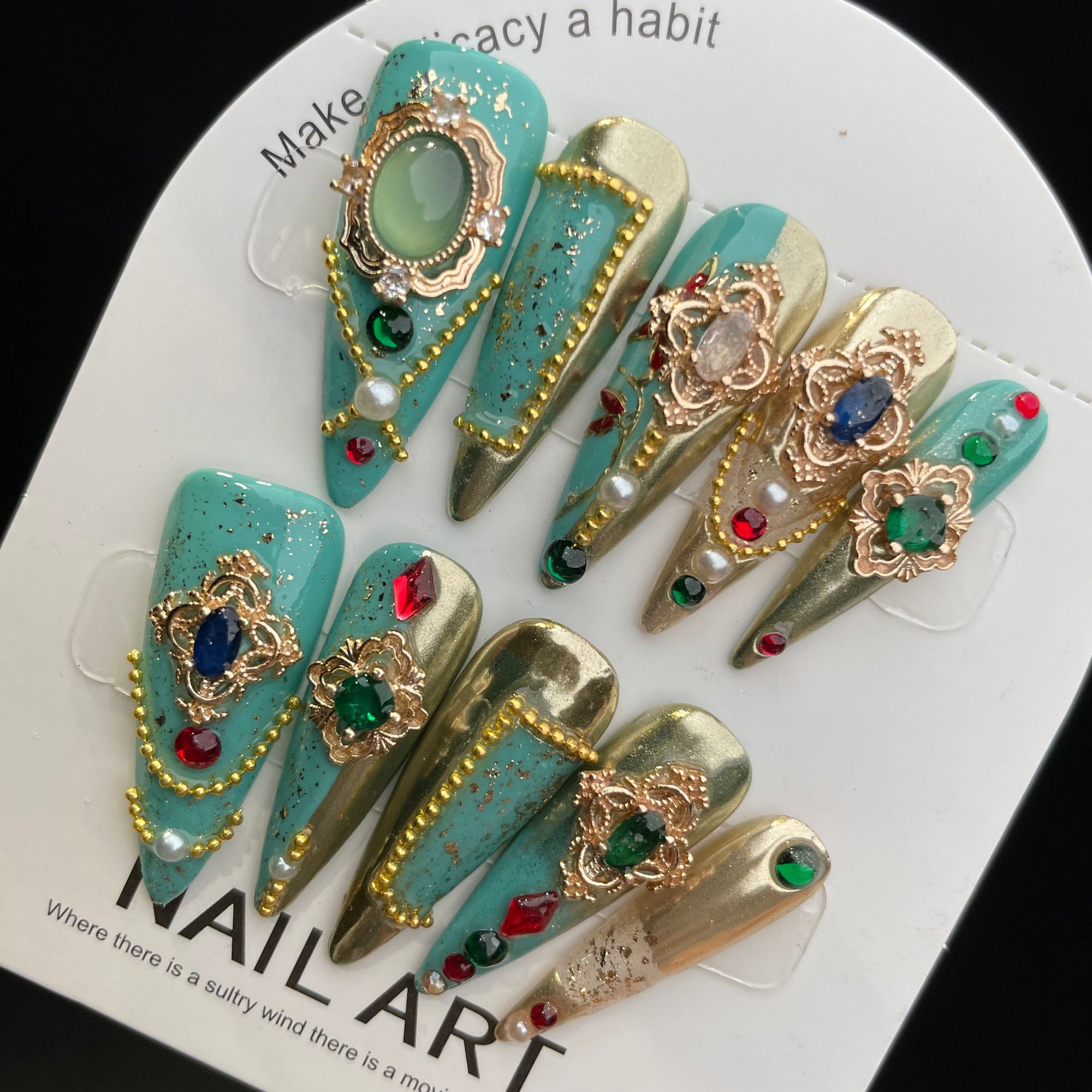 Handmade Press On Nails Long Stiletto bluish green gorgeous colored gems-YiH