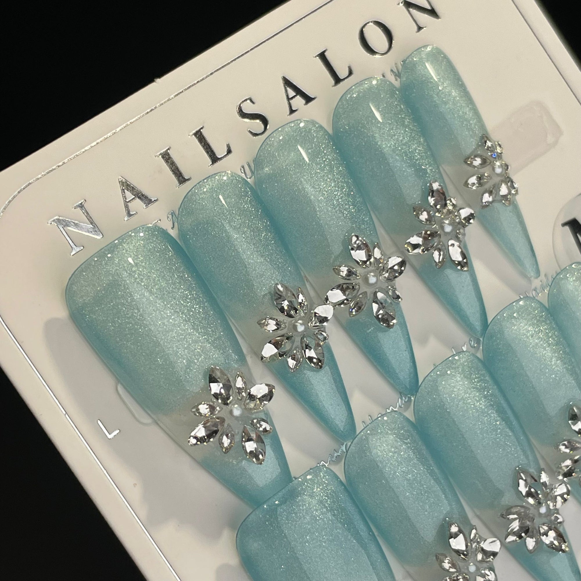 Handmade Press On Nails Long Stiletto Ice Flower