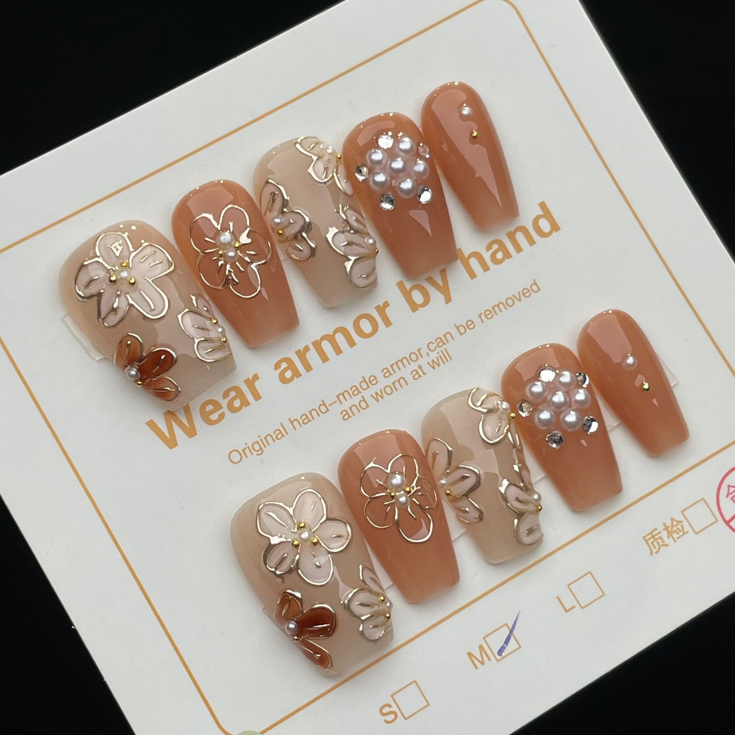 Handmade Press On Nails Medium Coffin Autumn flower