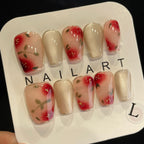 Handmade Press On Nails Medium Coffin Cat's eye red flower-YiH