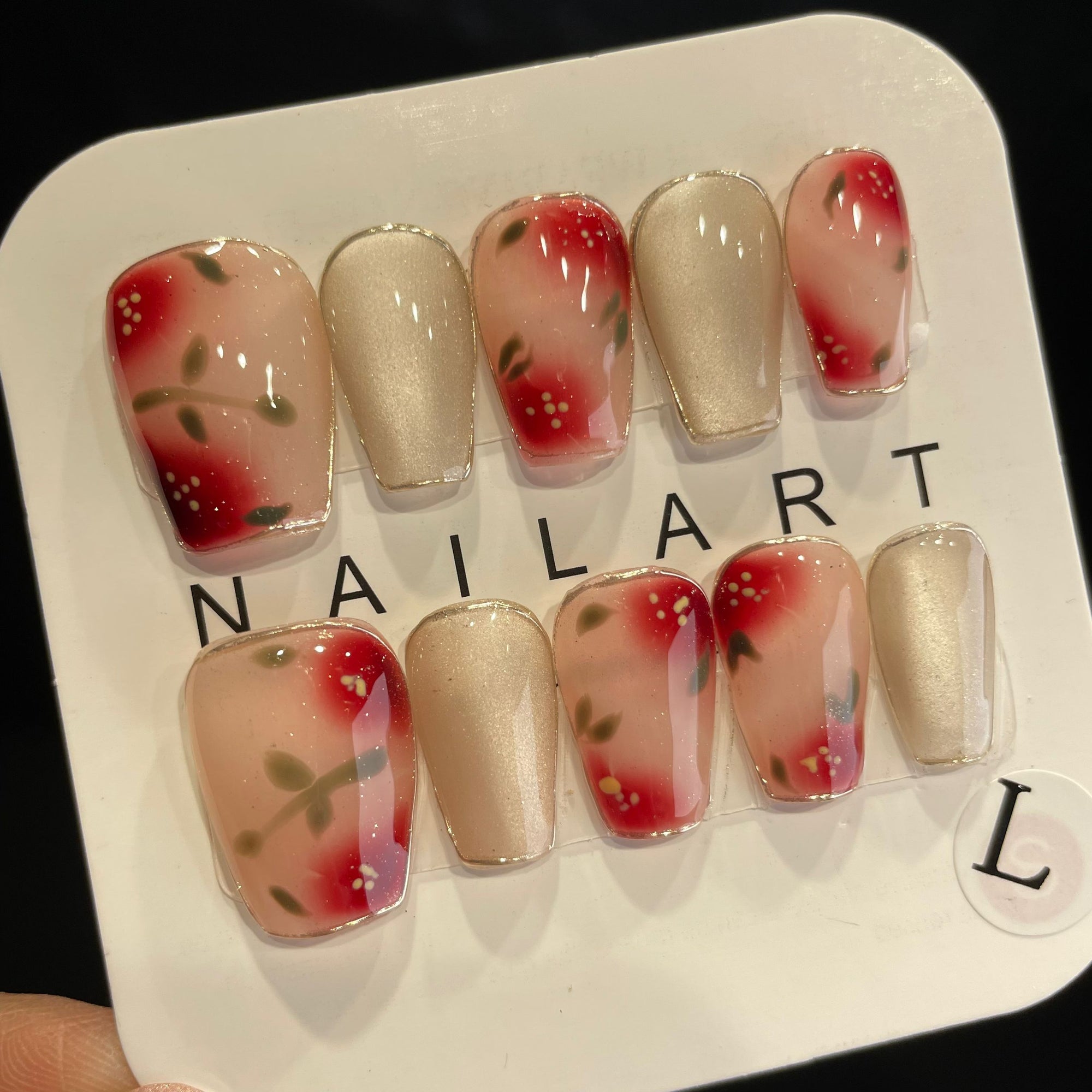 Handmade Press On Nails Medium Coffin Cat's eye red flower-YiH