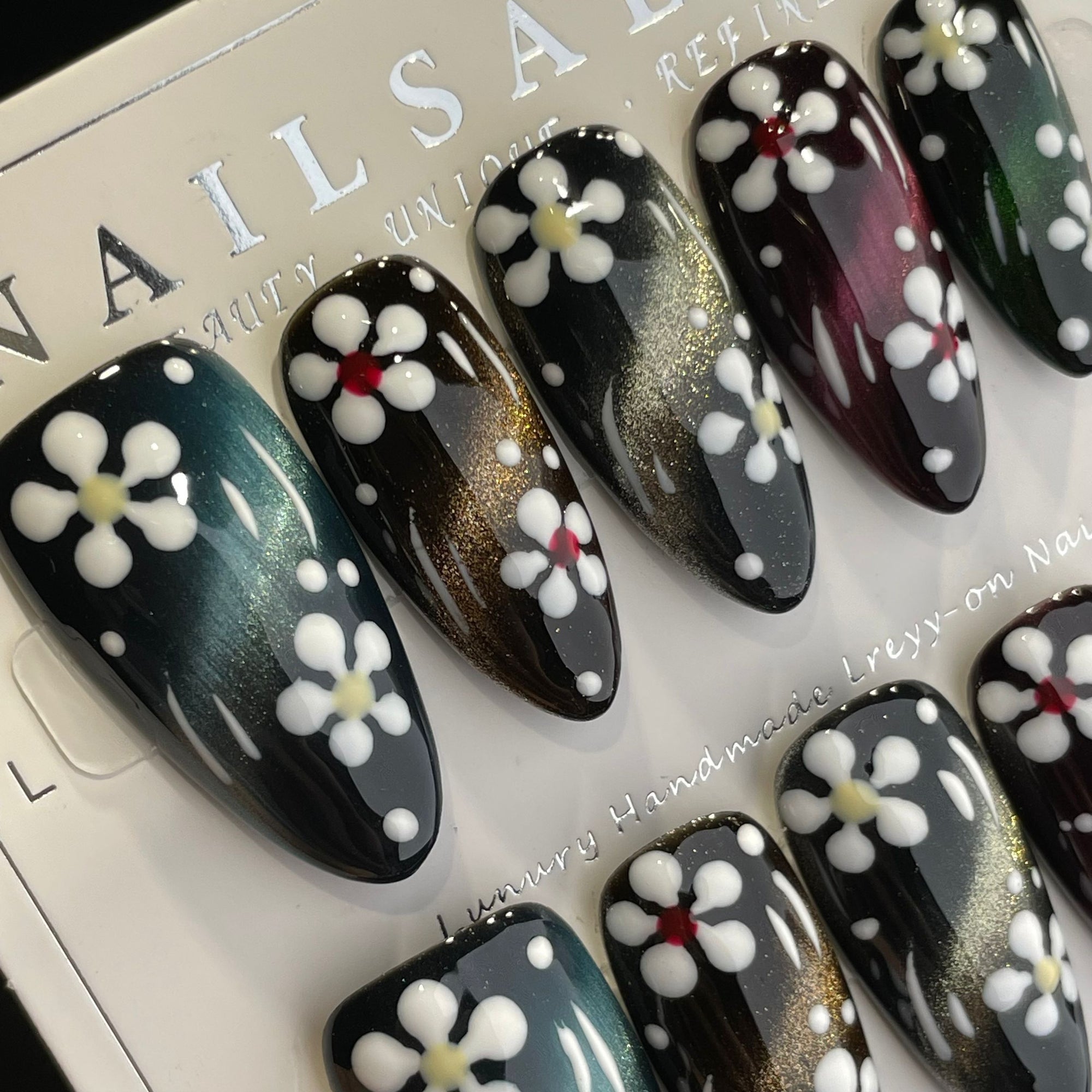 Handmade Press On Nails Long Almond Colorful cat's eye flowers-YiH