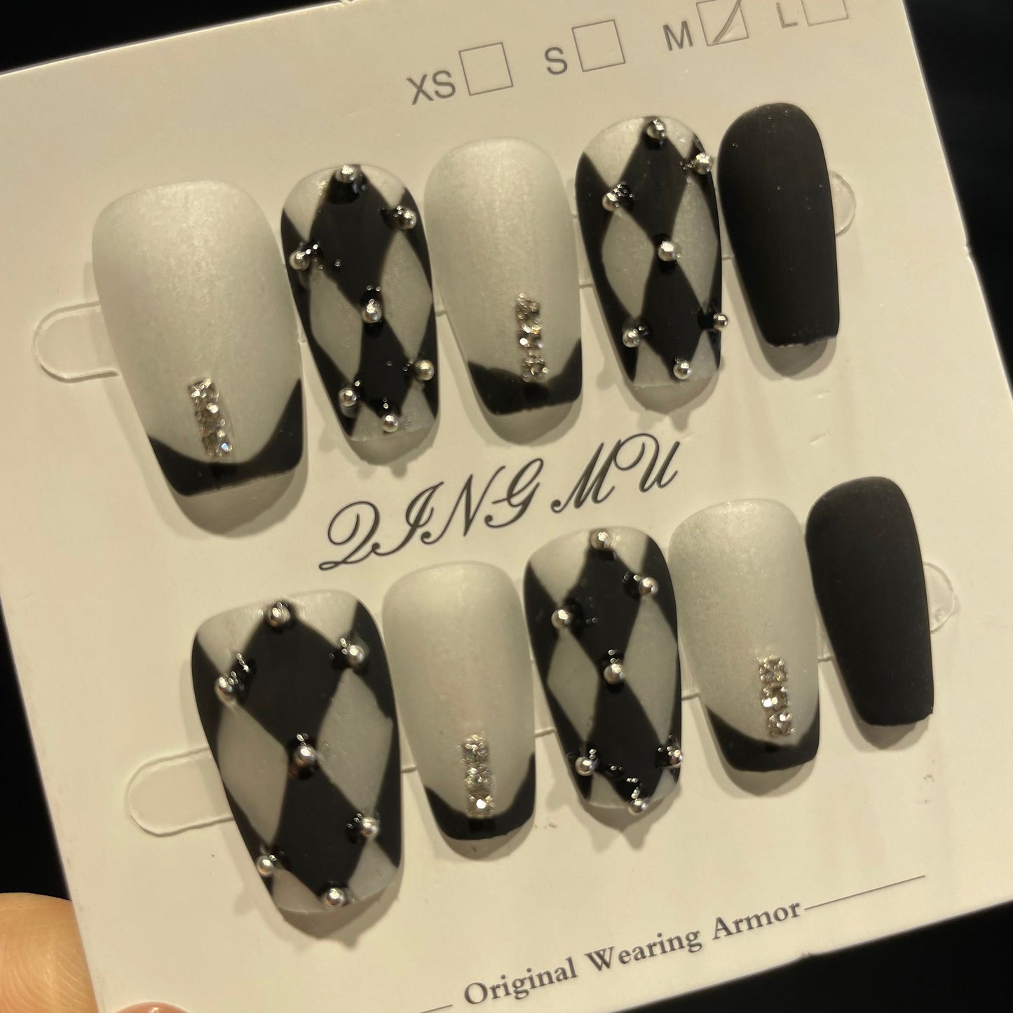 Handmade Press On Nails Medium Coffin Black and white diamond check French