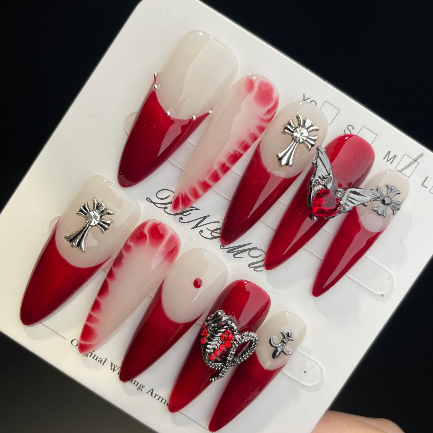 Handmade Press On Nails Long Stiletto Red French cross-QingM