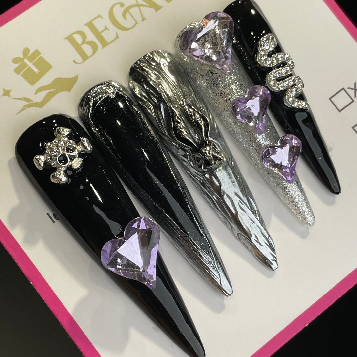 Handmade Press On Nails Extra-Long Stiletto Black and purple cool girl