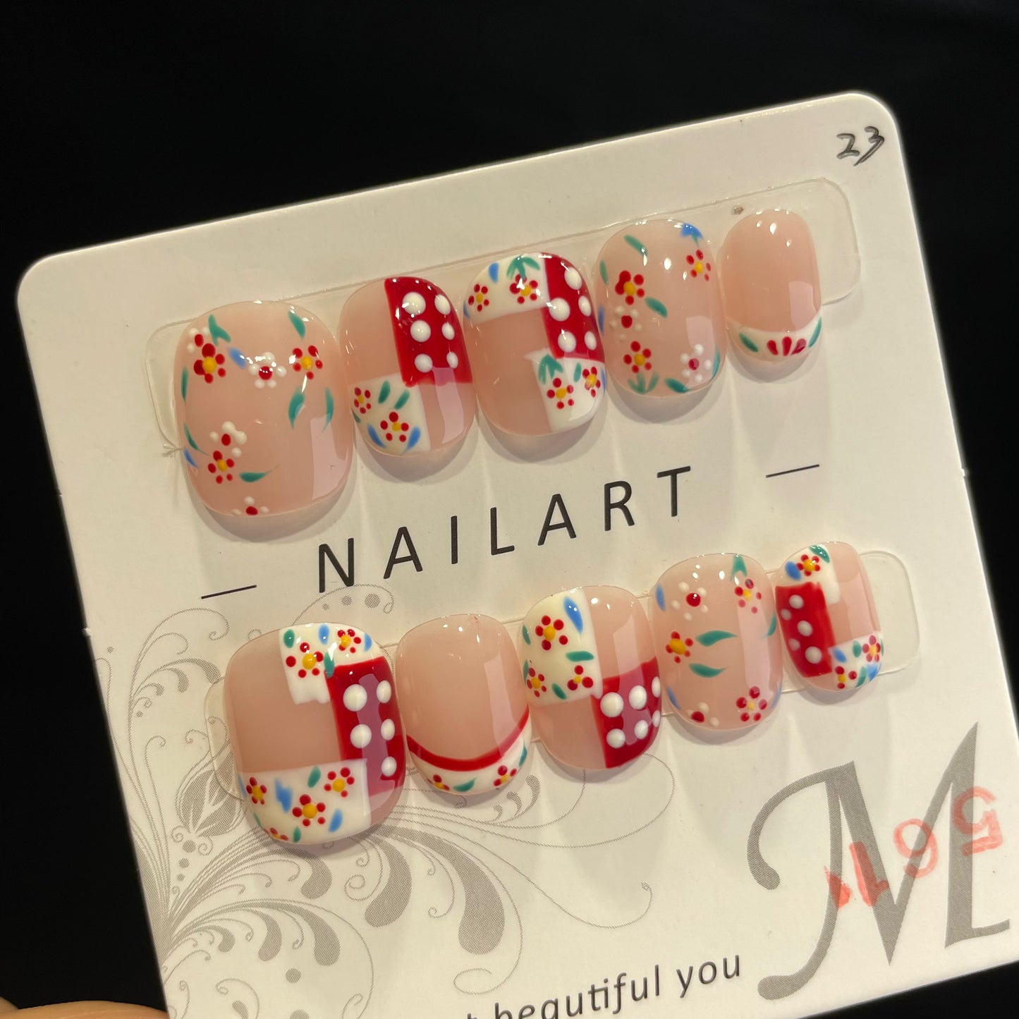 Handmade Press On Nails Short Square Red and white check-DaiRS