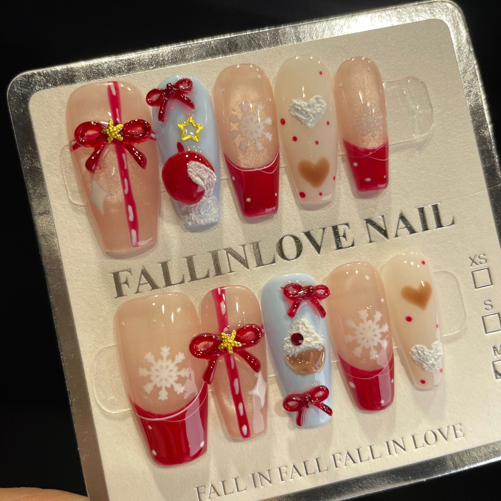 Handmade Press On Nails Long Coffin Pink and blue Apple gift box-YiH