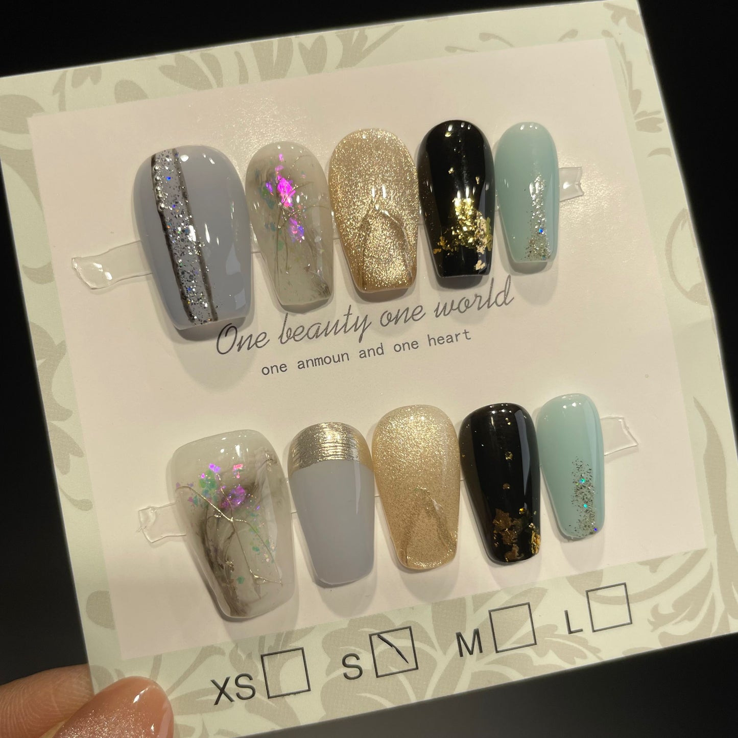 Handmade Press On Nails Medium Coffin Ice blue champagne